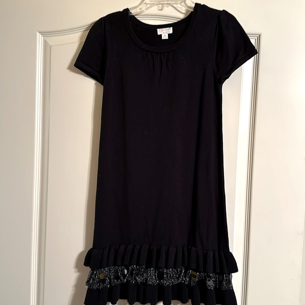 Girls black, size 14 dressy dress with decorations at the bottom.